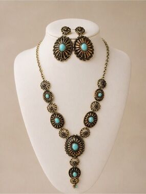 Boutique Western Turquoise Statement Necklace Set Earrings GoldSouthwestern